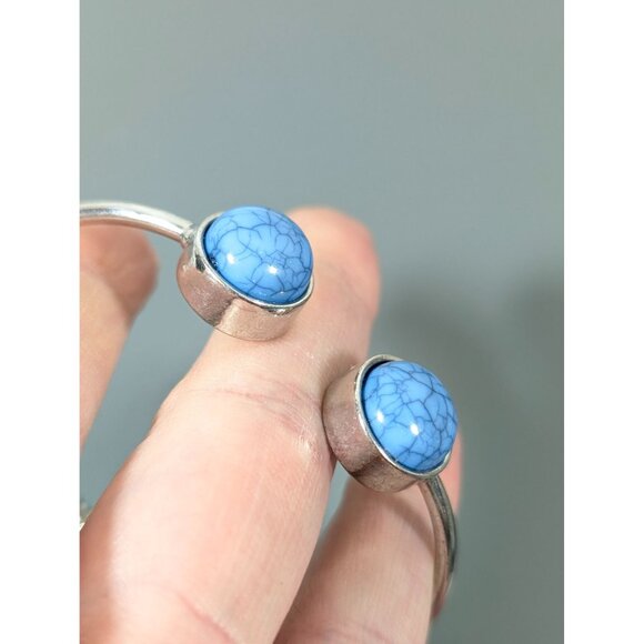 Boho Blue Faux Stone Cabochon Cuff Bracelet Silver Tone 6.5" - Picture 5 of 8